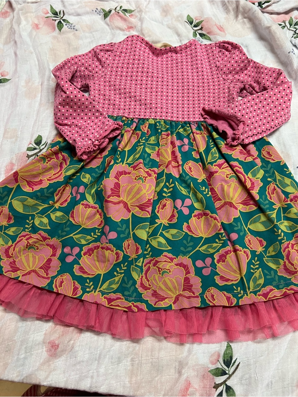 Matilda Jane Pink Polka Dot & Floral Tulle Hem Infant Girls Dress 18 months - Picture 2 of 5